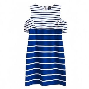 Vince Camuto Cobalt Blue and White Striped Cold-Shoulder Dress Size 10 Ruffle